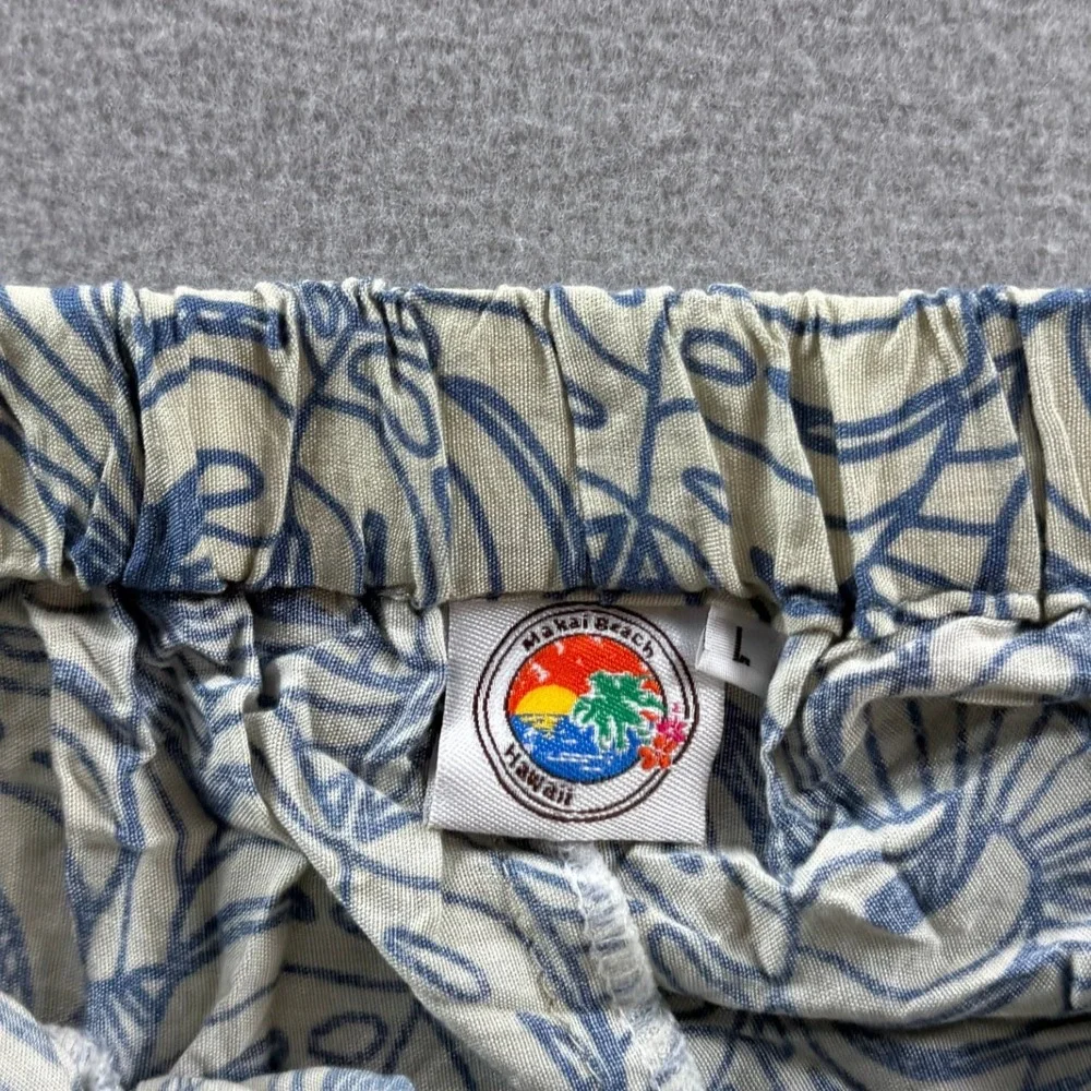 Makai Beach Aloha Bottoms Women Large Blue Tropical Leaf Print Wide Leg Pants